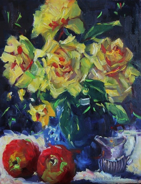 Jane McIntosh | Yellow Friesias in a blue vase with Jug | McAtamney Gallery and Design Store | Geraldine NZ